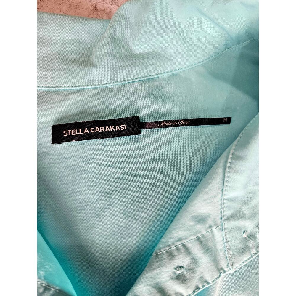 Stella Carakasi Button-Down Tunic Shirt Tulip Pockets Turquoise Jersey Back Sz M - Picture 2 of 9